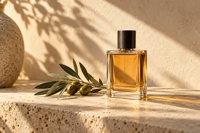 Amber perfume and olive leaves in warm afternoon light